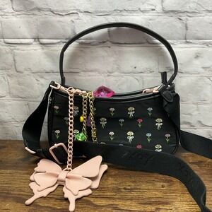 Betsey Johnson Black Nylon Shoulder Bag  XOLINN Flowers & Bows + Butterfly Charm